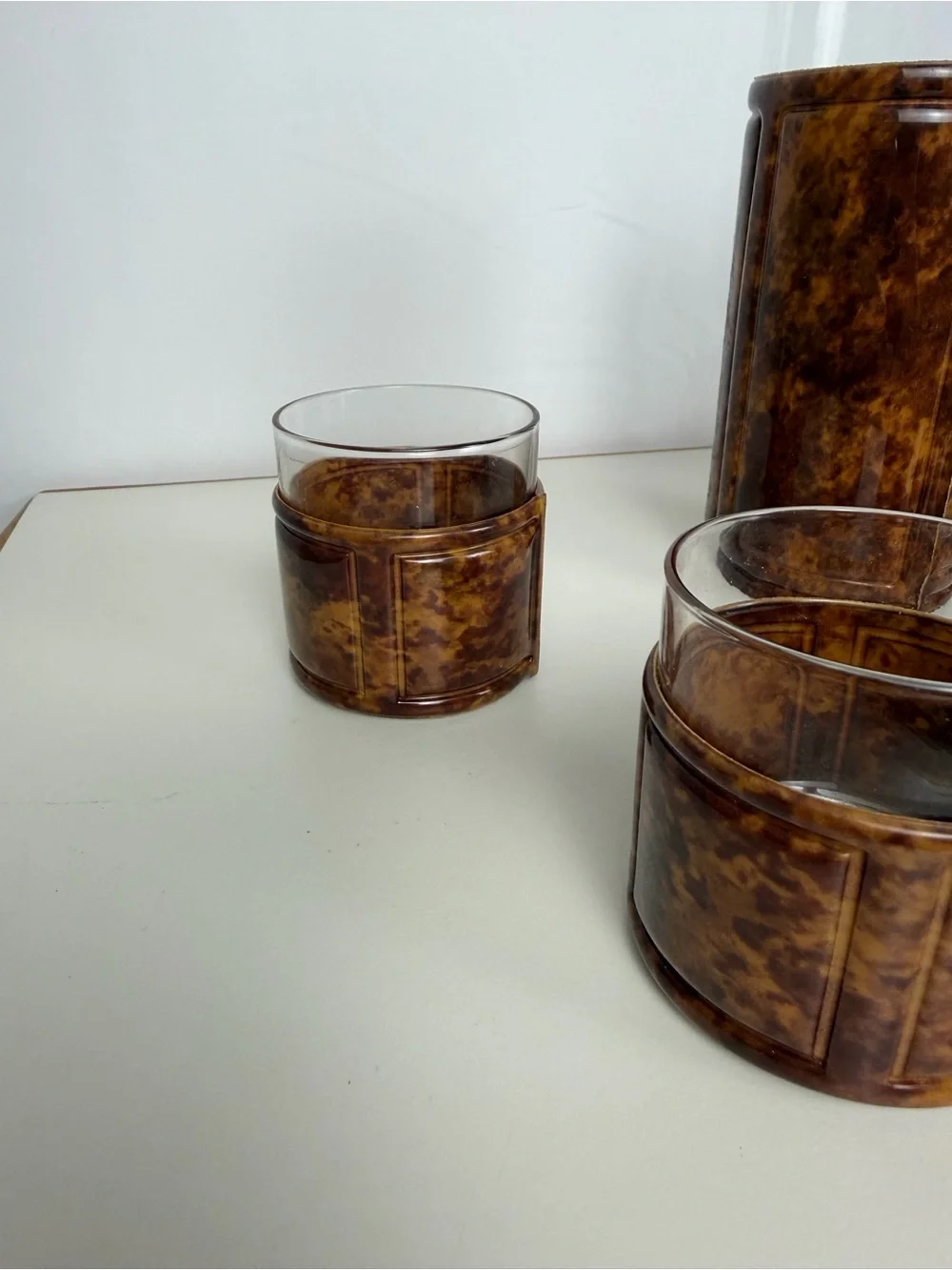 1960s Vintage Faux Tortoiseshell Glass Pitcher 5 Tumblers MCM Barware Set